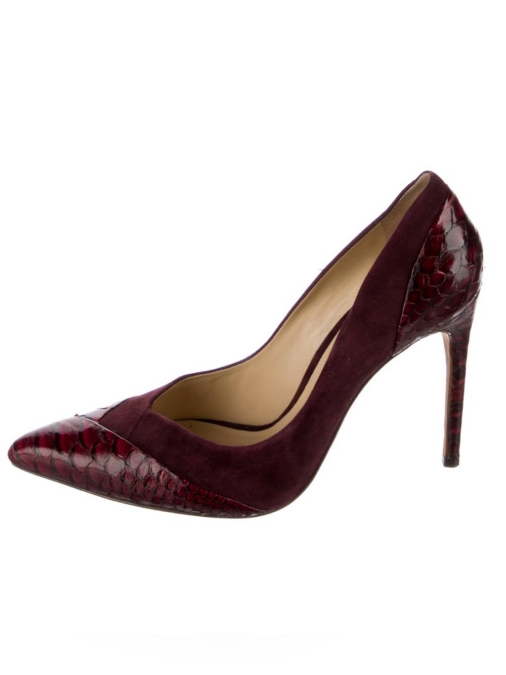 Alexandre Birman Python & Suede Burgundy Stiletto Pumps, 6.5 / IT 36.5